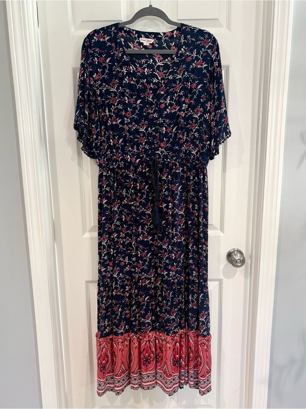 Violet Skies Boho Floral V-Neck Flowy Short Sleeve Navy Maxi Dress Women Size XL - Picture 1 of 15